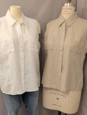 NWT Two 100% Linen GAP Button-Front Sleeveless Tops White Beige Shirt